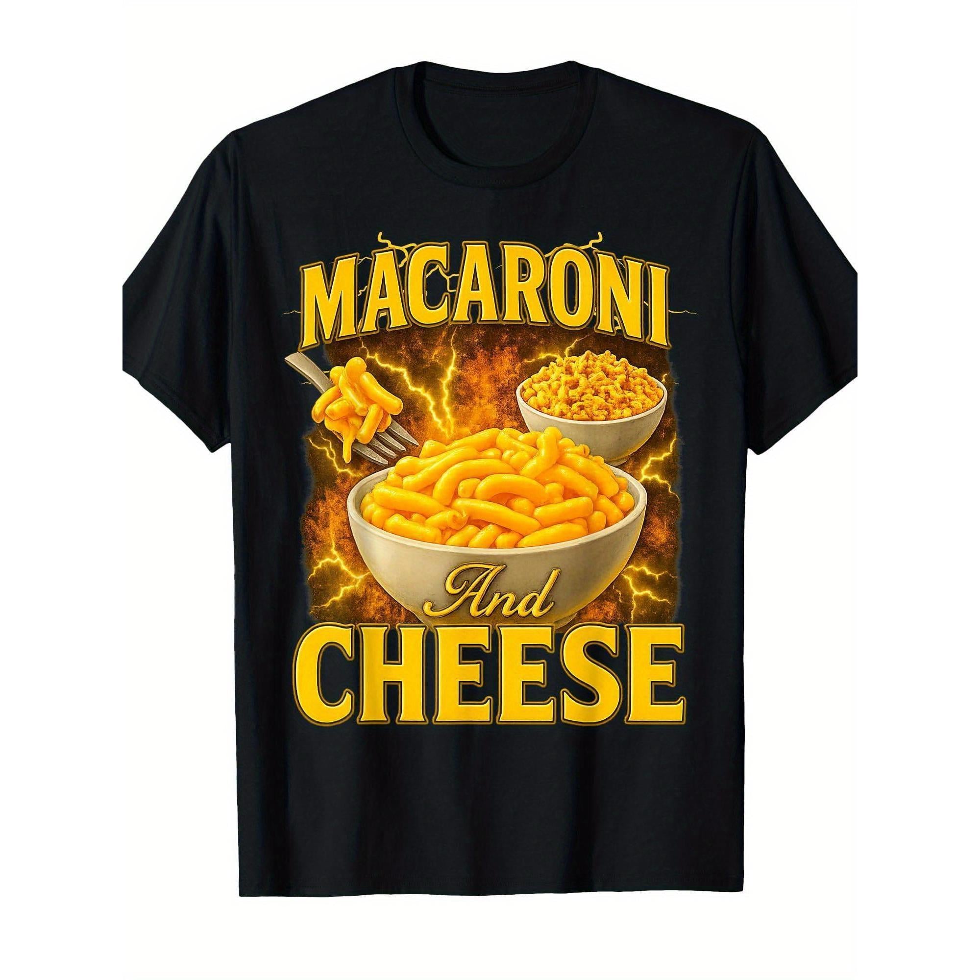 Men's 90s Retro Macaroni & Cheese Meme T-Shirt - Vintage Pasta & Cheese Graphic Print with Yellow Lettering, Funny Foodie Gift for Adults, Casual Fit for Pasta Lovers