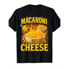 Men's 90s Retro Macaroni & Cheese Meme T-Shirt - Vintage Pasta & Cheese Graphic Print with Yellow Lettering, Funny Foodie Gift for Adults, Casual Fit for Pasta Lovers