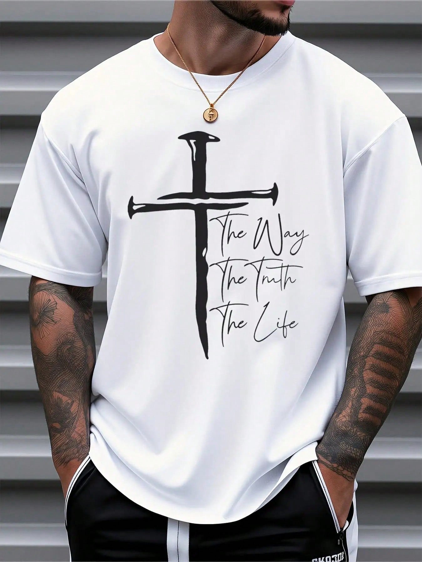 Men's Christian Faith Cross Print Tee, The Way The Truth The Life Letter Cotton Short Sleeve Casual Top
