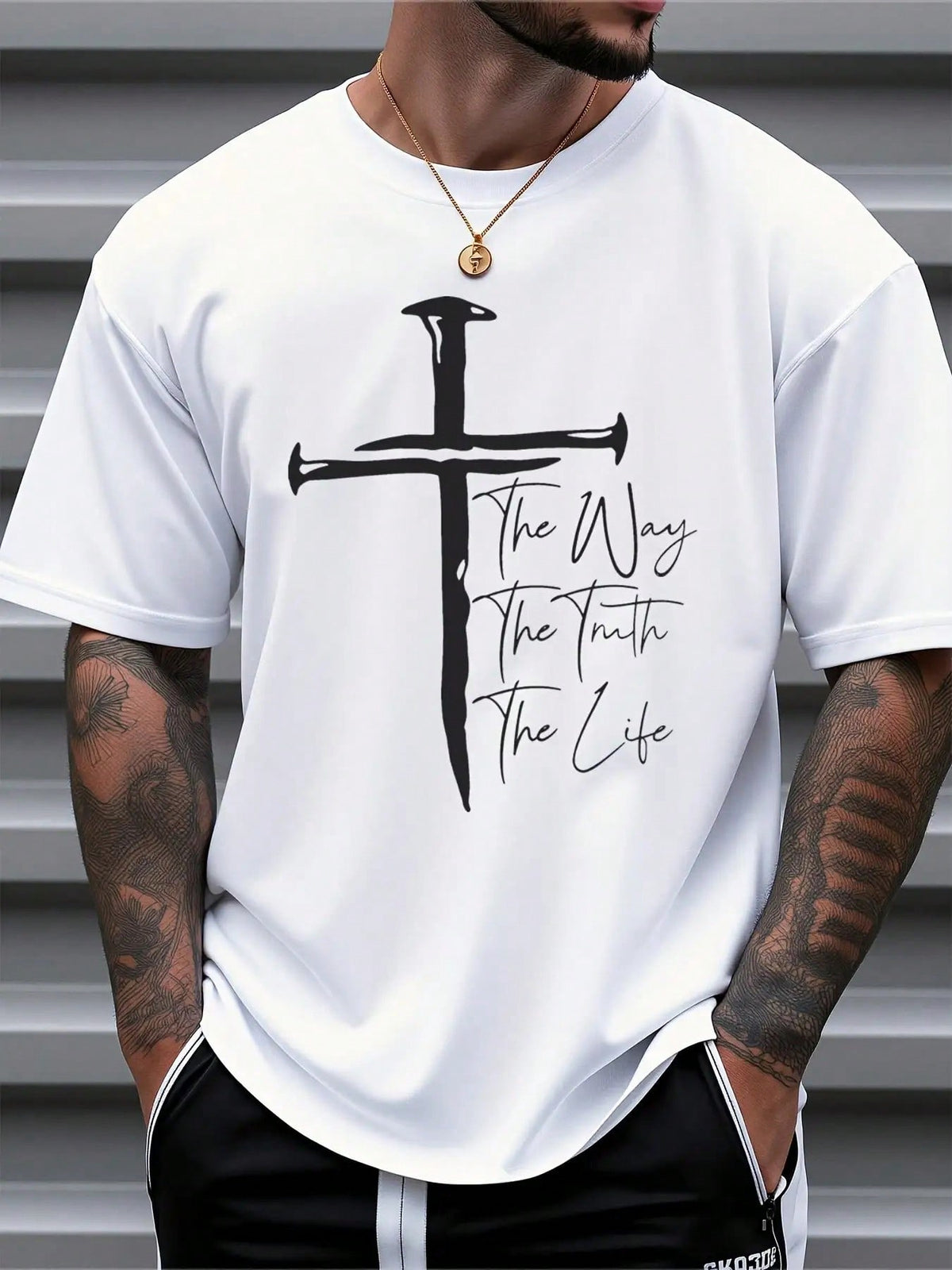 Men's Christian Faith Cross Print Tee, The Way The Truth The Life Letter Cotton Short Sleeve Casual Top