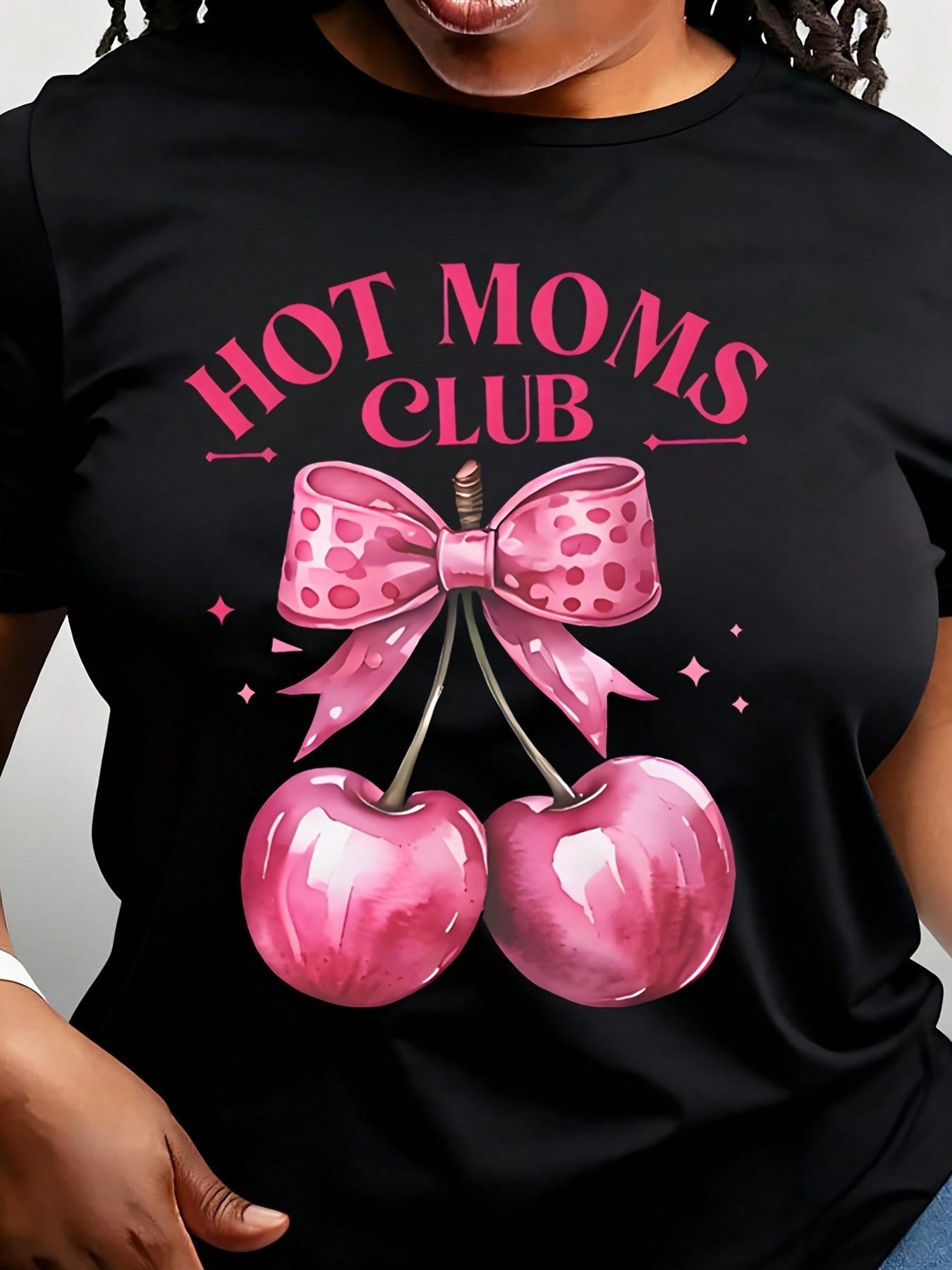Hot Moms Club T-Shirt Cherry Bow Print For Women Casual Wear