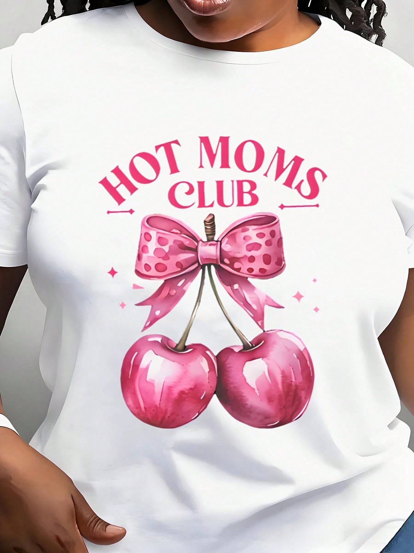 Hot Moms Club T-Shirt Cherry Bow Print For Women Casual Wear