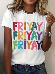 Women's Happy Friday Teacher Mom Life Printed T-Shirt - Casual Short Sleeve Round Neck Top With "FRIYAF" Lettering - Spring Summer
