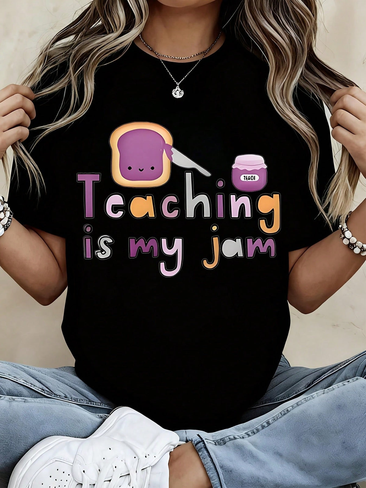 Women's Teaching Is My Jam Graphic T‑Shirt, Cute Toast And Jam Print Short Sleeve Crew Neck Tee, Casual Teacher Gift Tops For Back To‑School