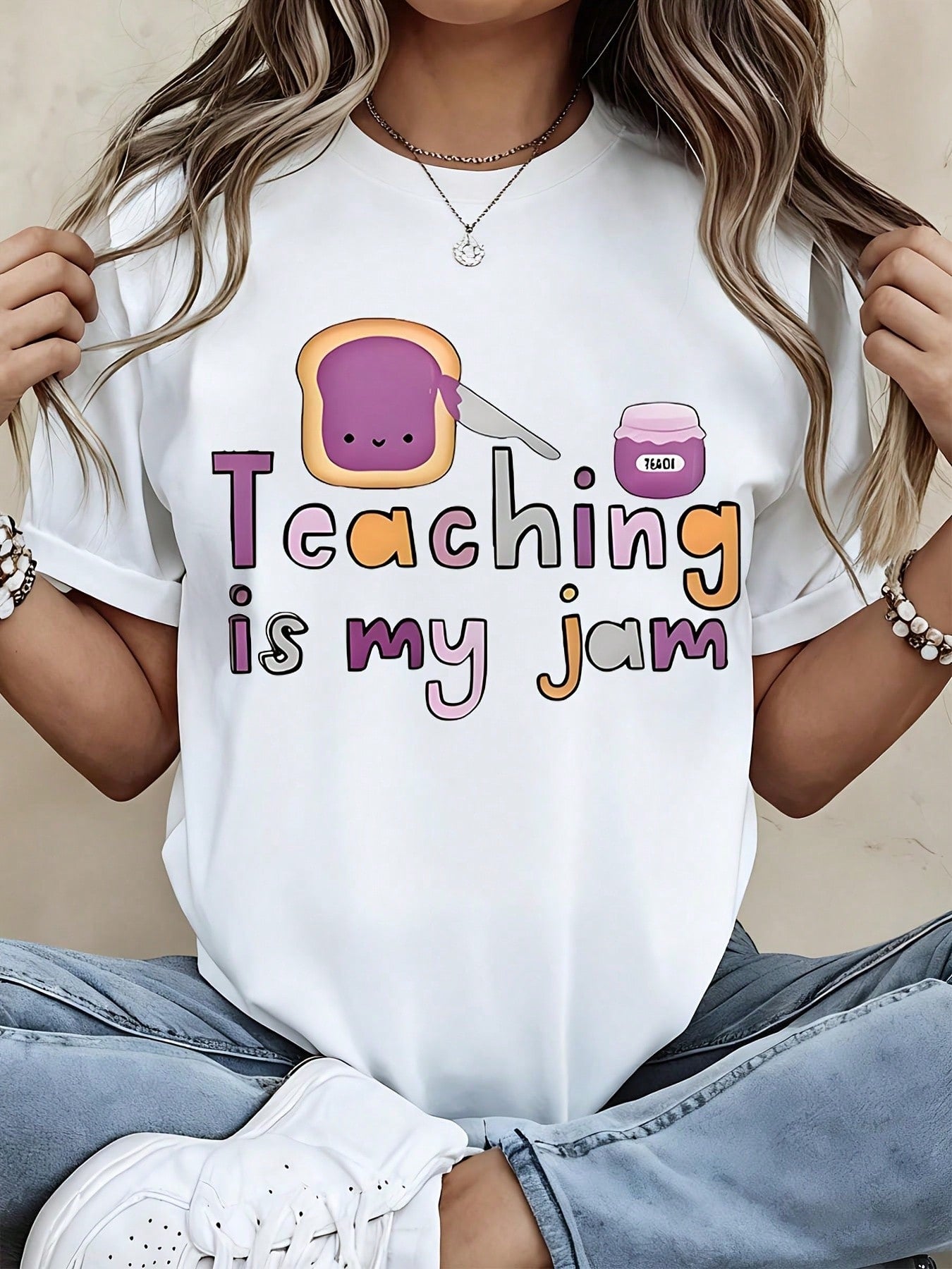 Women's Teaching Is My Jam Graphic T‑Shirt, Cute Toast And Jam Print Short Sleeve Crew Neck Tee, Casual Teacher Gift Tops For Back To‑School
