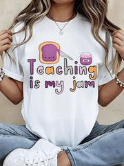 Women's Teaching Is My Jam Graphic T‑Shirt, Cute Toast And Jam Print Short Sleeve Crew Neck Tee, Casual Teacher Gift Tops For Back To‑School