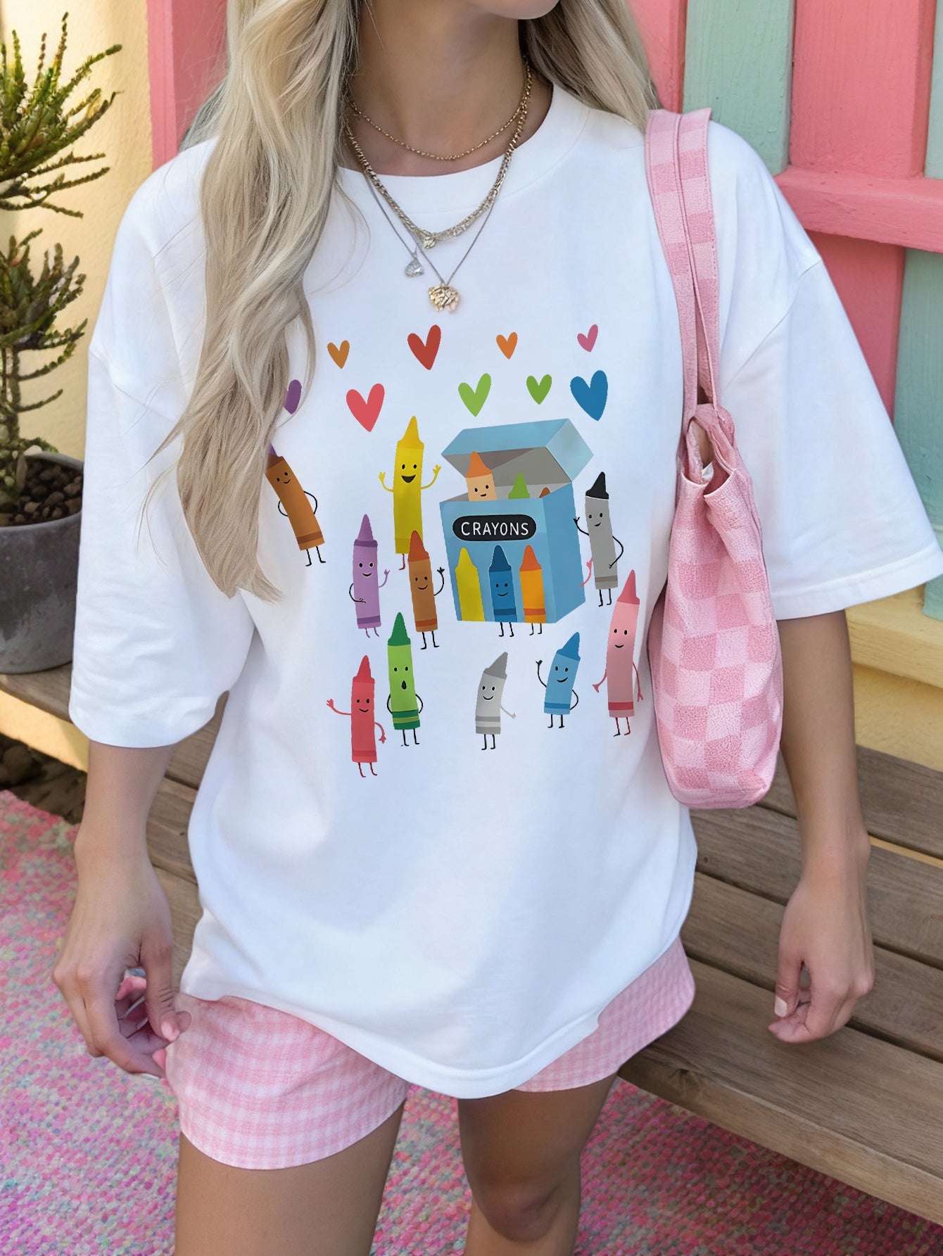 Women's Summer Round Neck Short Sleeve T-Shirt With Crayon Print, Casual Daily Wear White