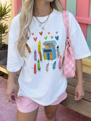 Women's Summer Round Neck Short Sleeve T-Shirt With Crayon Print, Casual Daily Wear White