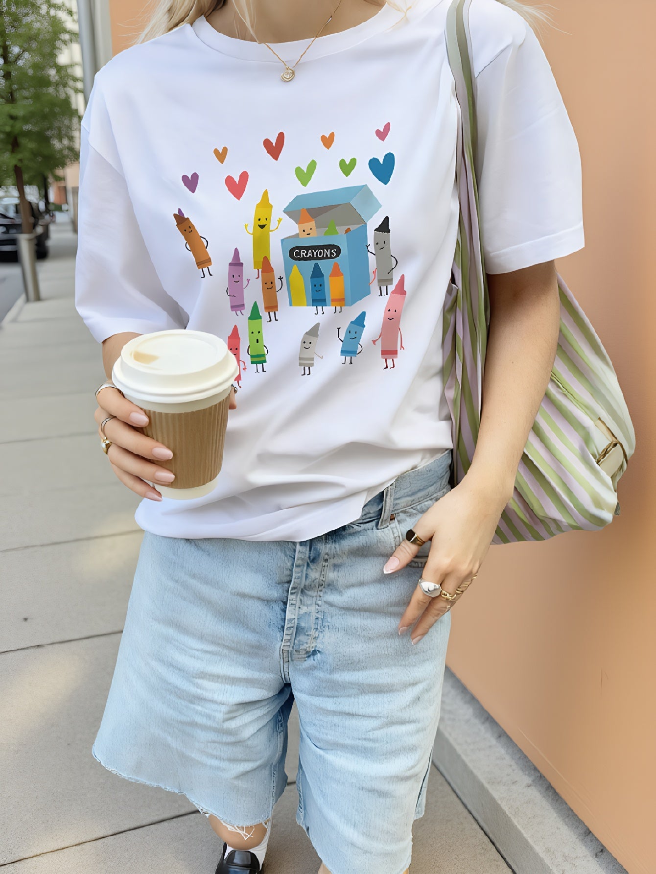 Women's Summer Round Neck Short Sleeve T-Shirt With Crayon Print, Casual Daily Wear White