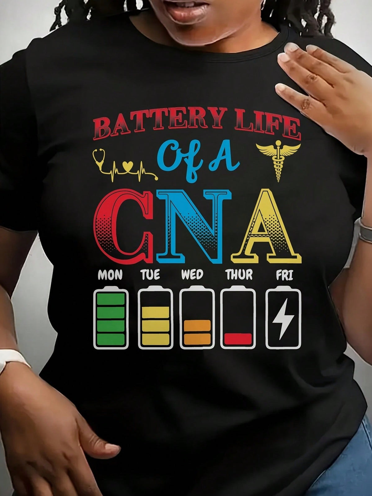 CNA Battery Life Nursing Humor Print Black Loose Short Sleeve Tee Crew Neck