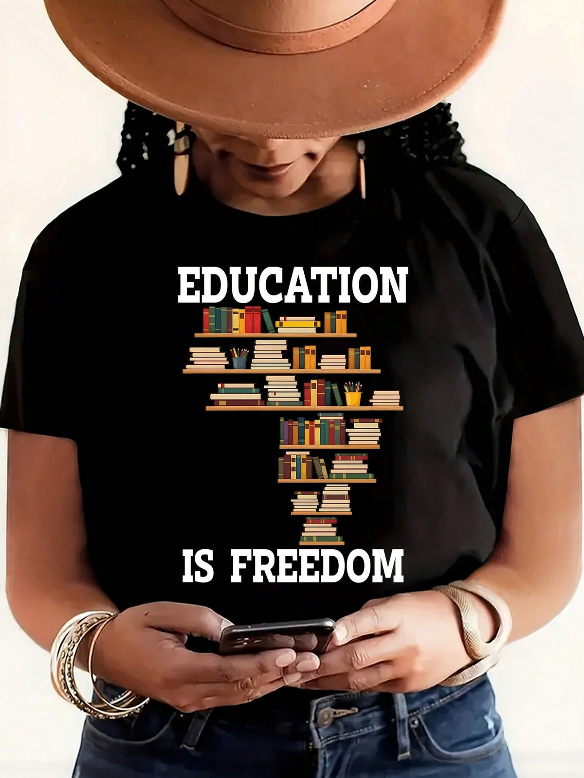 Education Is Freedom Book Shelf Graphic T‑Shirt Inspirational Casual Short Sleeve Tee For Book Lovers