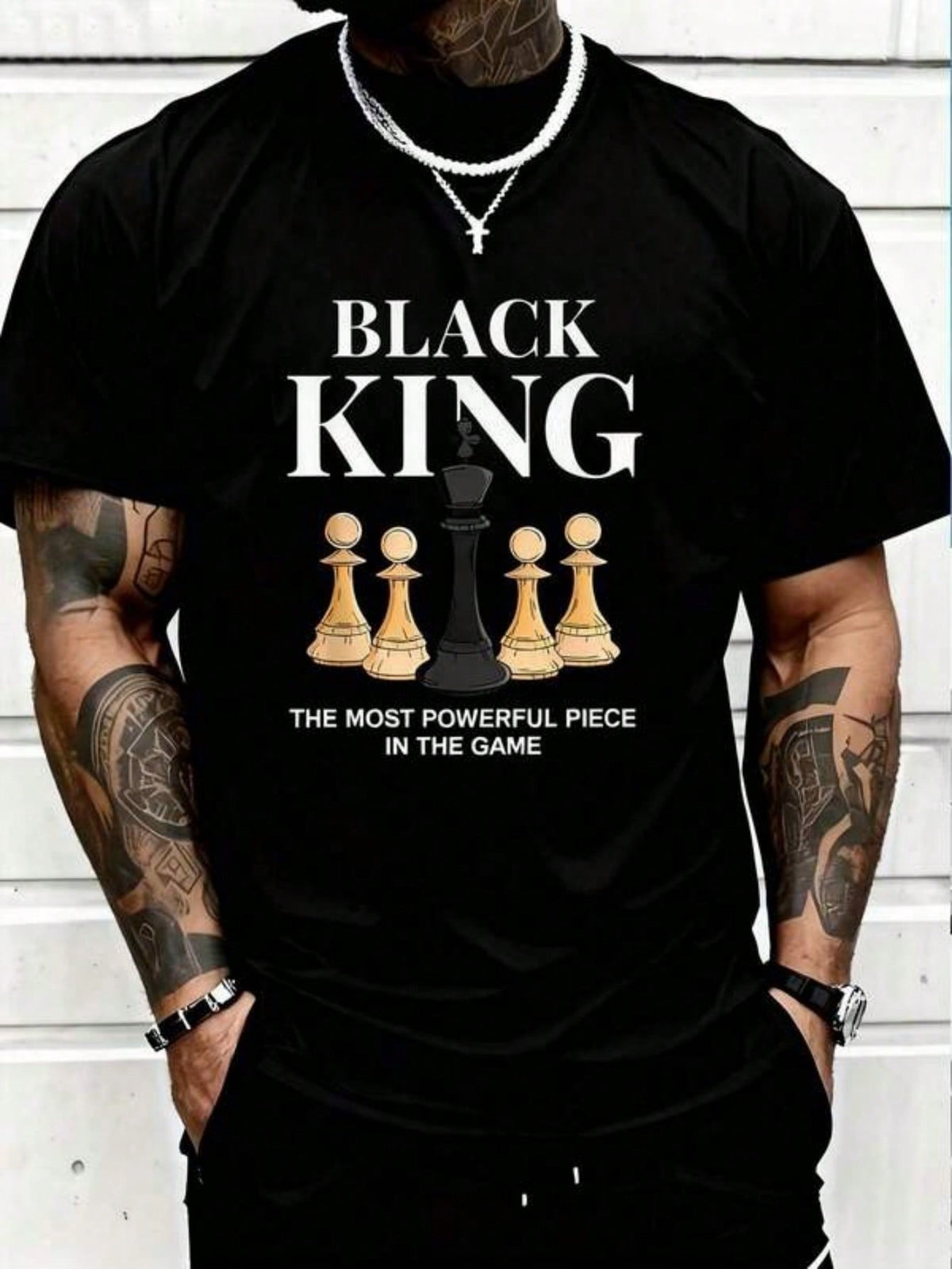 Men's Chess King Print Black TShirt, Crew Neck, Casual Cotton Tee Medium Stretch Knit Fabric, Men's Regular Fit