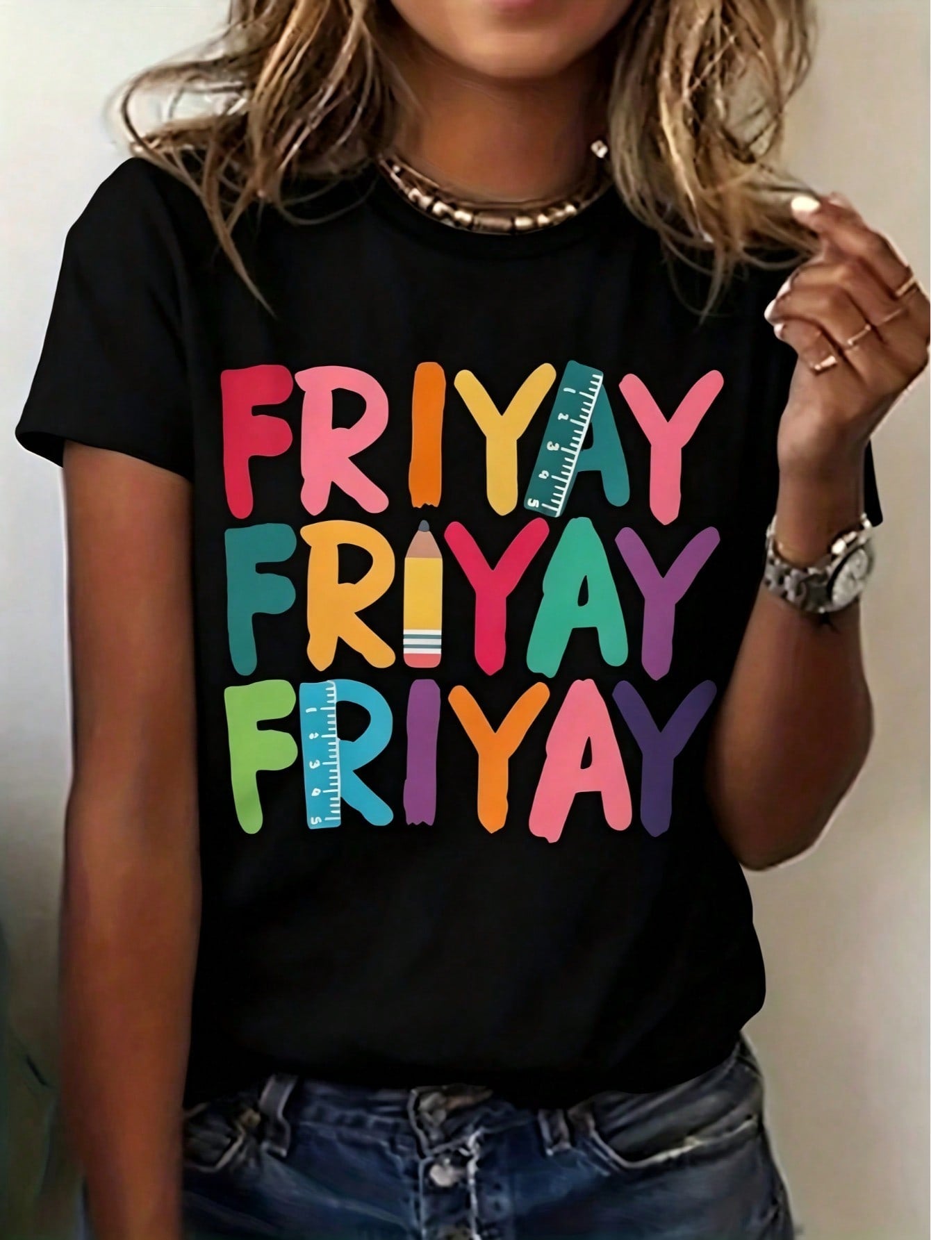 Women's Happy Friday Teacher Mom Life Printed T-Shirt - Casual Short Sleeve Round Neck Top With "FRIYAF" Lettering - Spring Summer