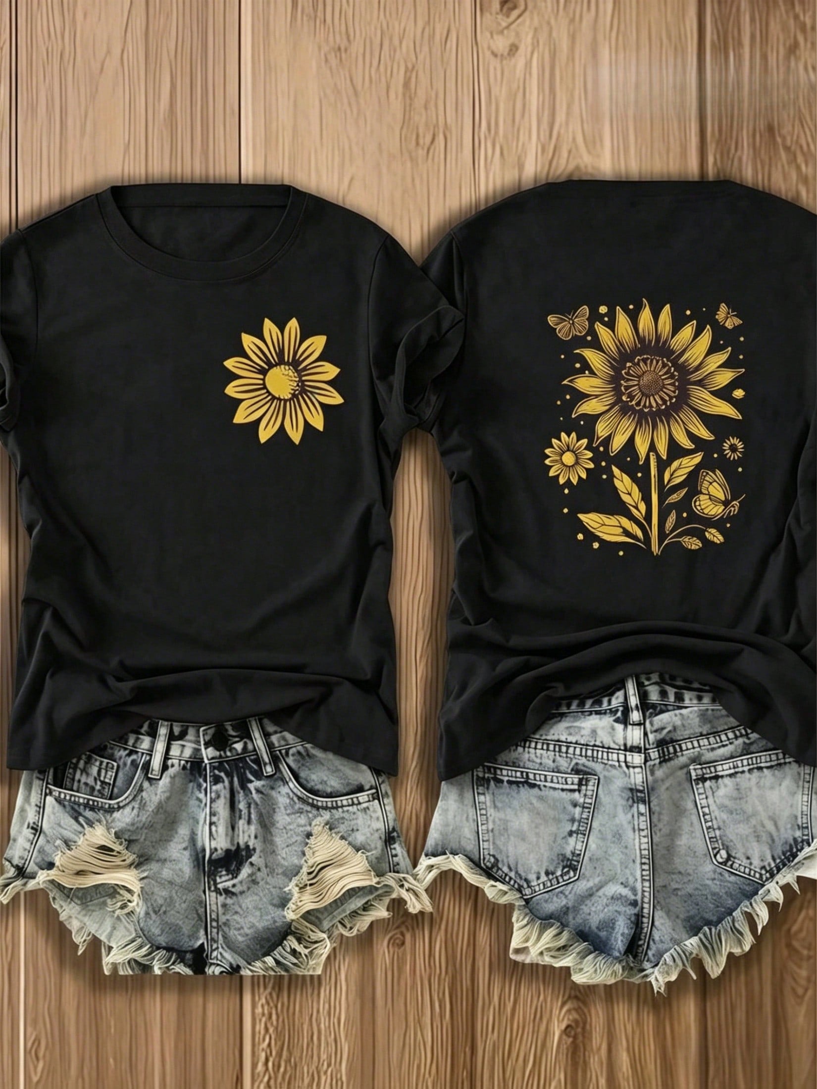 Double-Sided Printed Colored Cotton T-Shirt Comfortable, Casual & Versatile, INS Style Sunflower And Butterfly Design