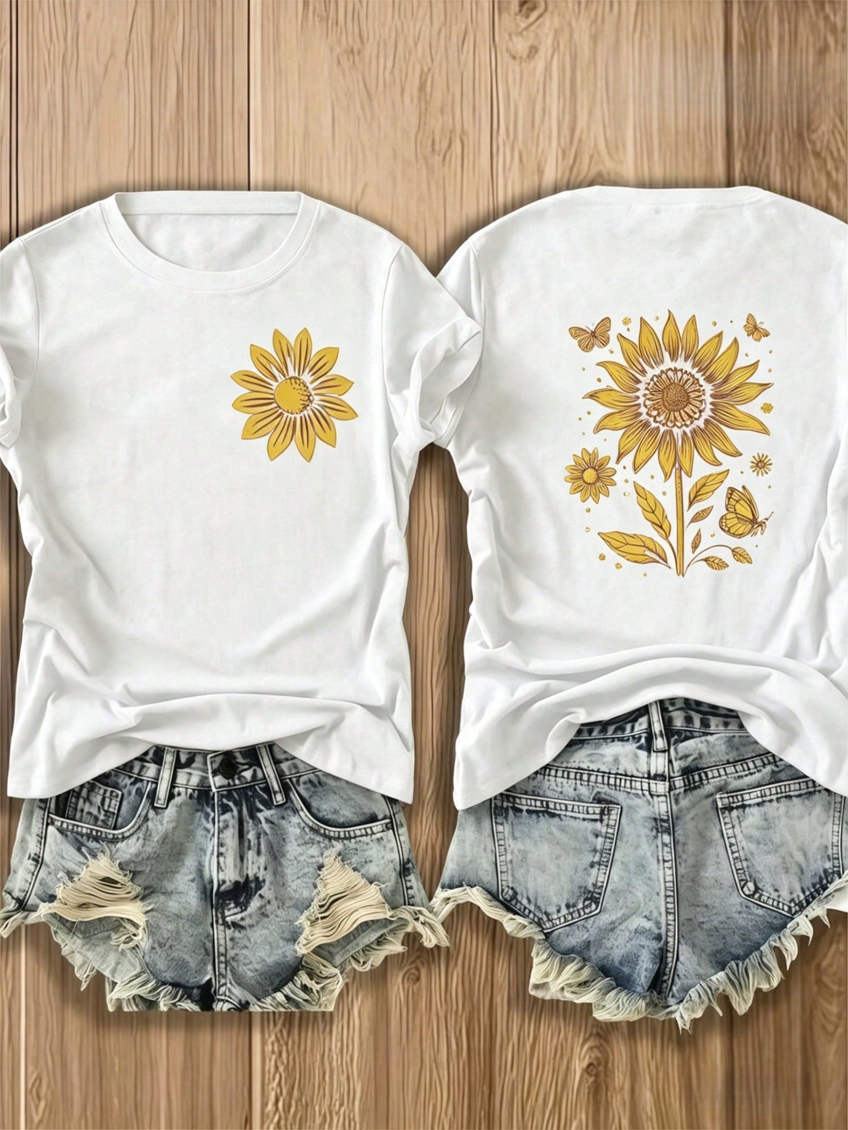 Double-Sided Printed Colored Cotton T-Shirt Comfortable, Casual & Versatile, INS Style Sunflower And Butterfly Design