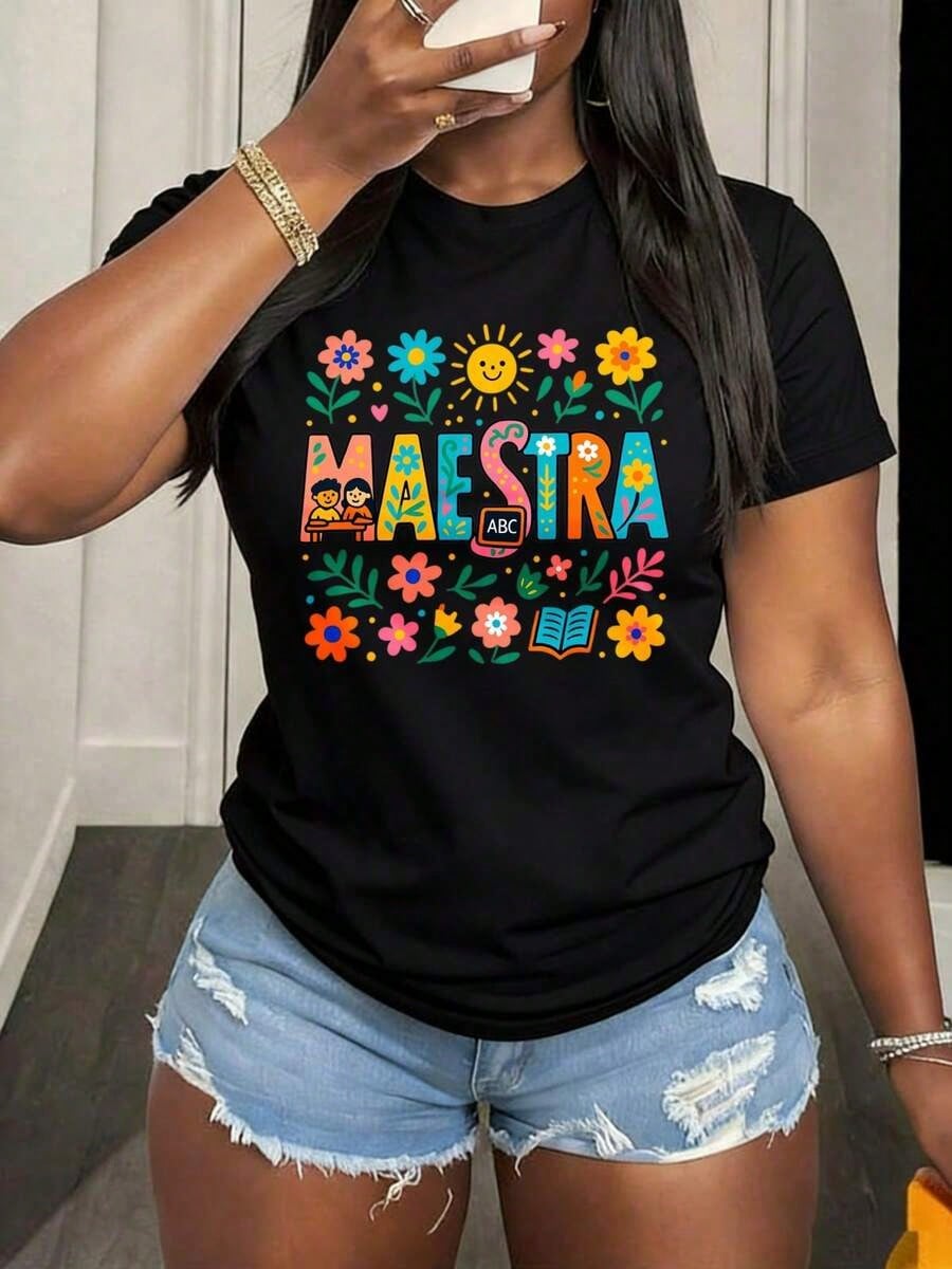 Maestra Spanish Teacher Floral Graphic T‑Shirt Women Colorful Flower School Casual Short Sleeve Tee