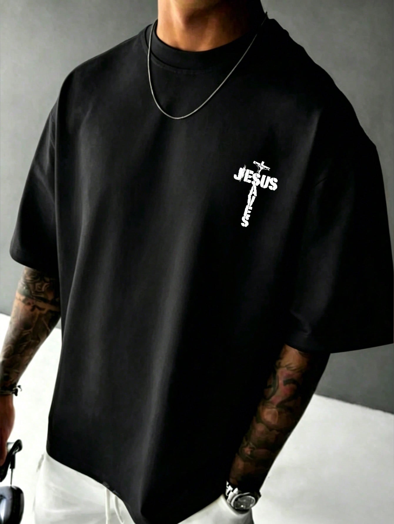 Men's Simple Round Neck Sports Casual Jesus Letter Print Pattern Short Sleeve Summer Black T-Shirt, Breathable