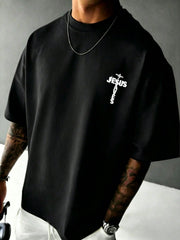 Men's Simple Round Neck Sports Casual Jesus Letter Print Pattern Short Sleeve Summer Black T-Shirt, Breathable