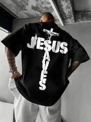 Men's Simple Round Neck Sports Casual Jesus Letter Print Pattern Short Sleeve Summer Black T-Shirt, Breathable