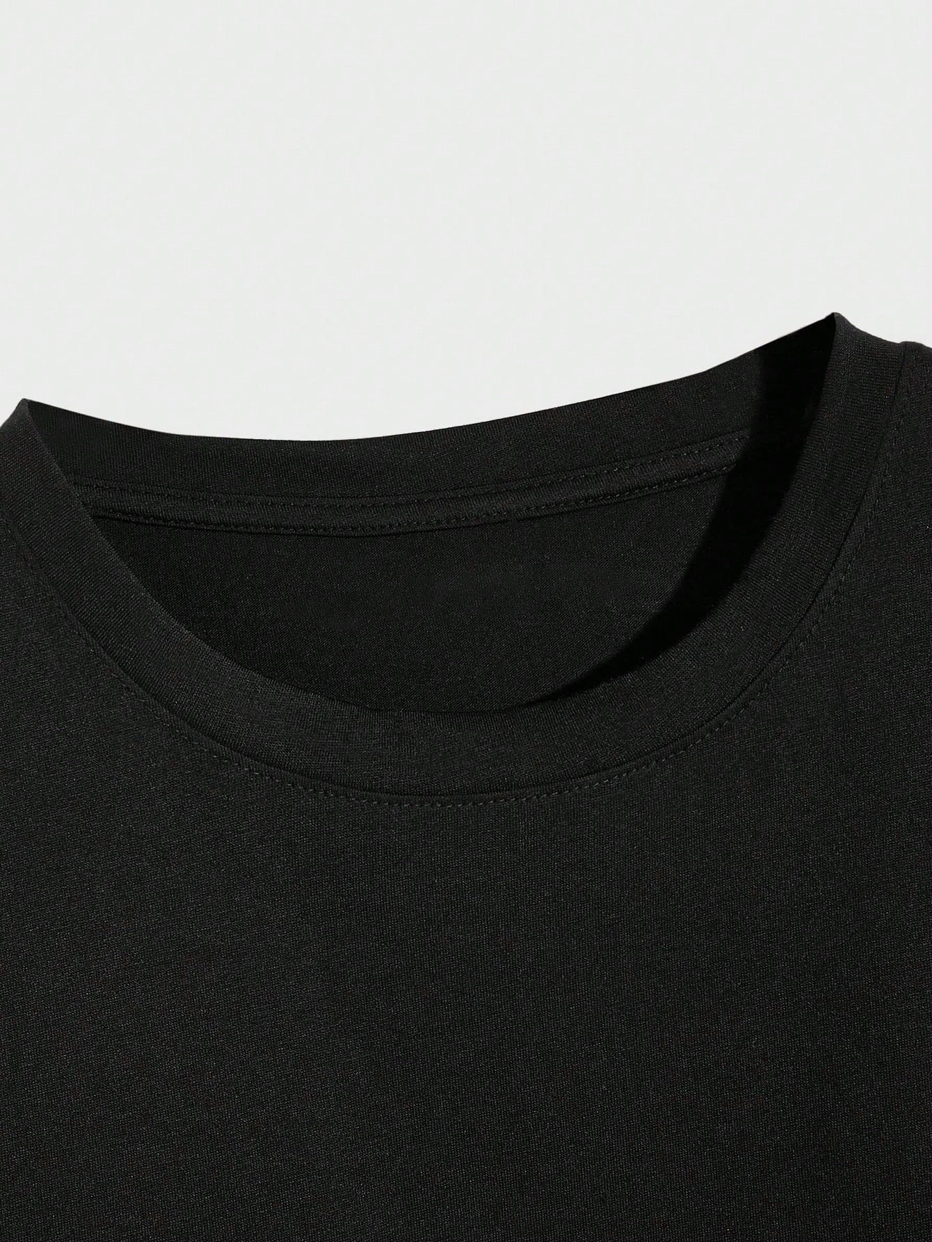 Men's Simple Round Neck Sports Casual Jesus Letter Print Pattern Short Sleeve Summer Black T-Shirt, Breathable