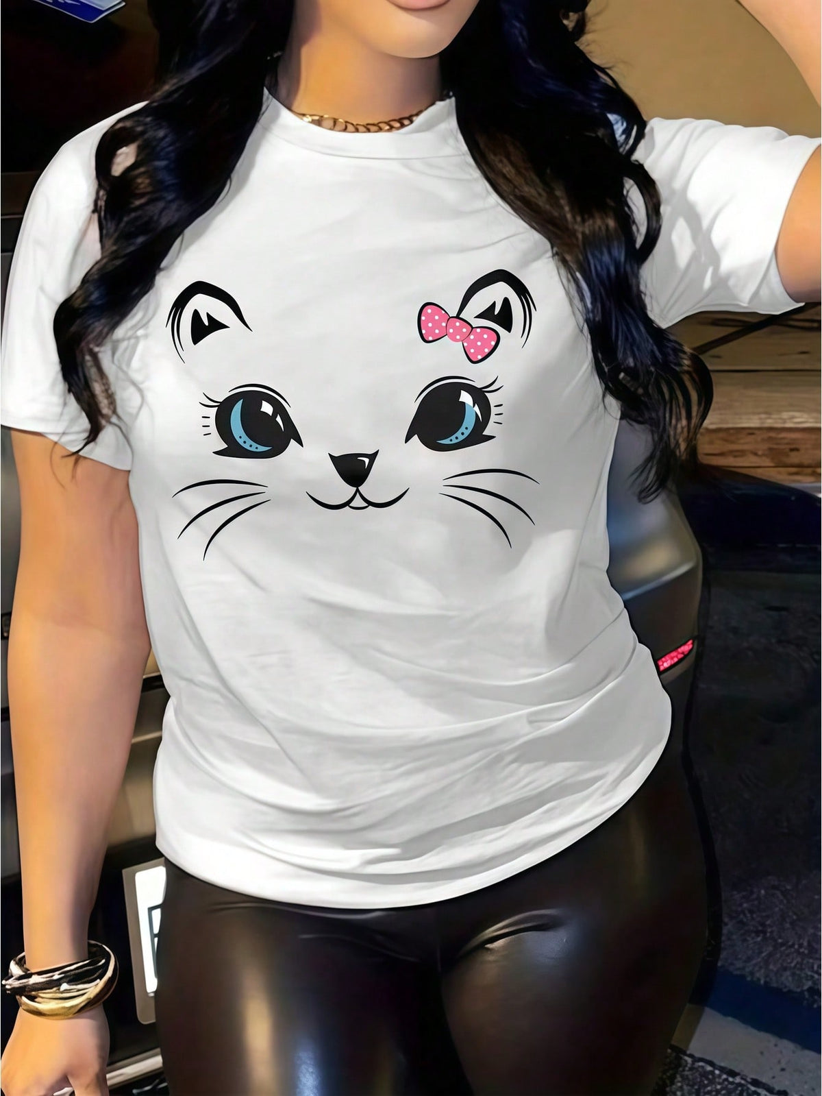 Cute Cat Face T-Shirt Women Kawaii Kitten With Bow Tee