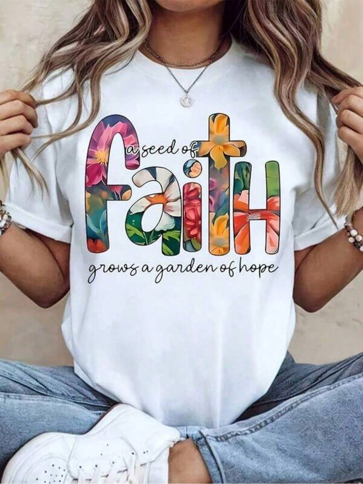 Faith Floral Print Inspirational Quote Short Sleeve Tee Crew Neck Summer Top