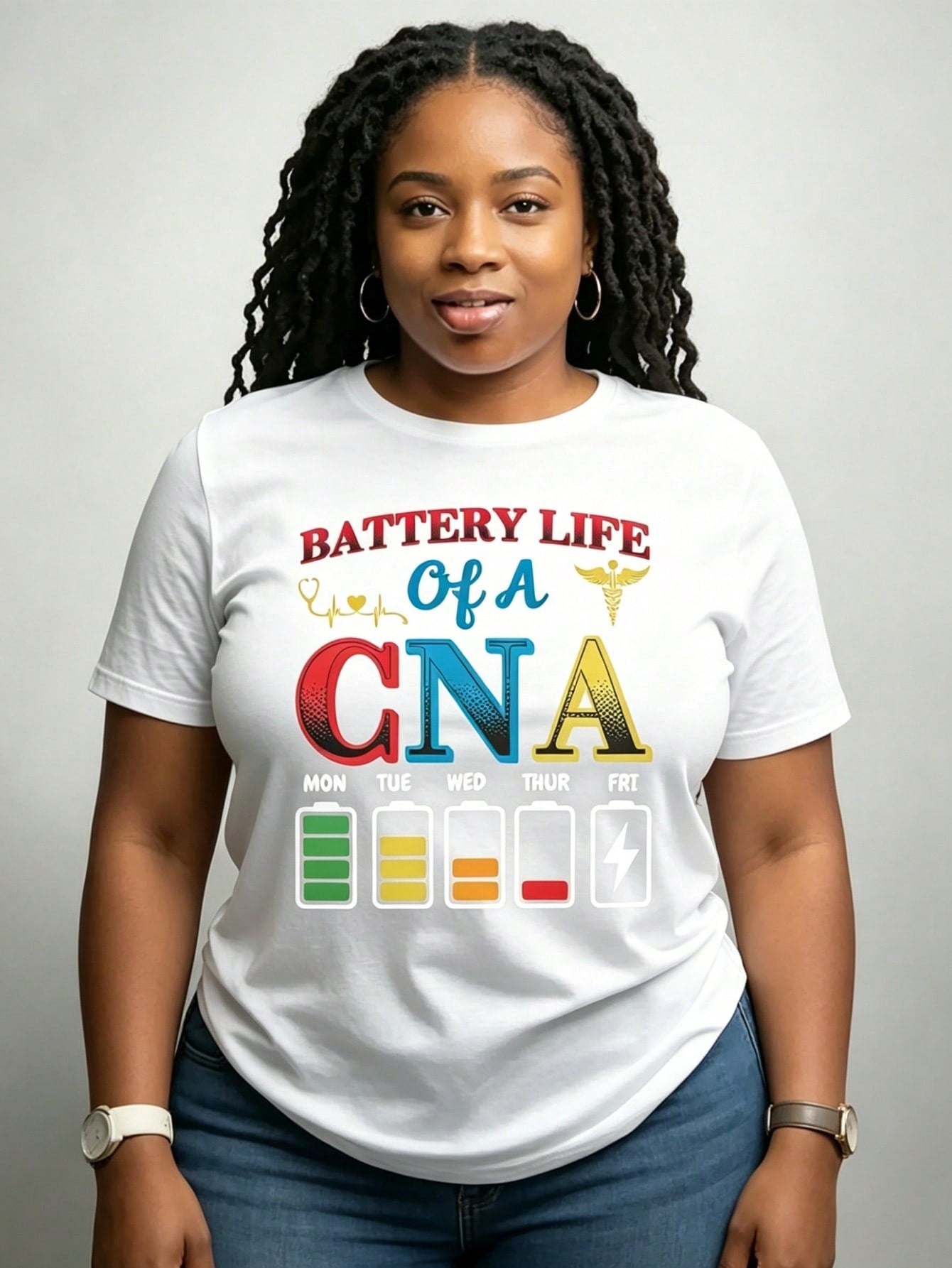 CNA Battery Life Nursing Humor Print Black Loose Short Sleeve Tee Crew Neck