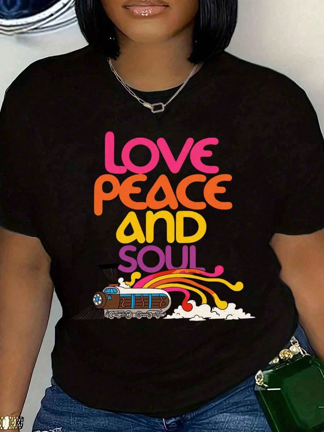 Love Peace And Soul Train Print Oversized Cotton T Shirt Crew Neck Top