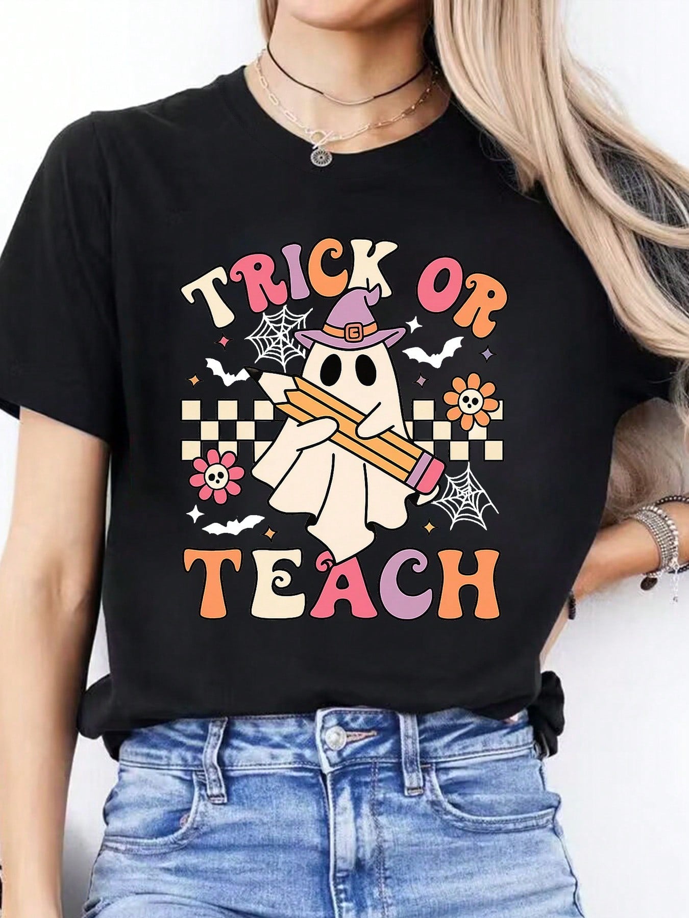 With TRICK OR TEACH Halloween & Spanish Phrase (Bruja/Calabaza), Teacher-Themed Casual Spring Summer Blouse Educators & Spanish Learners
