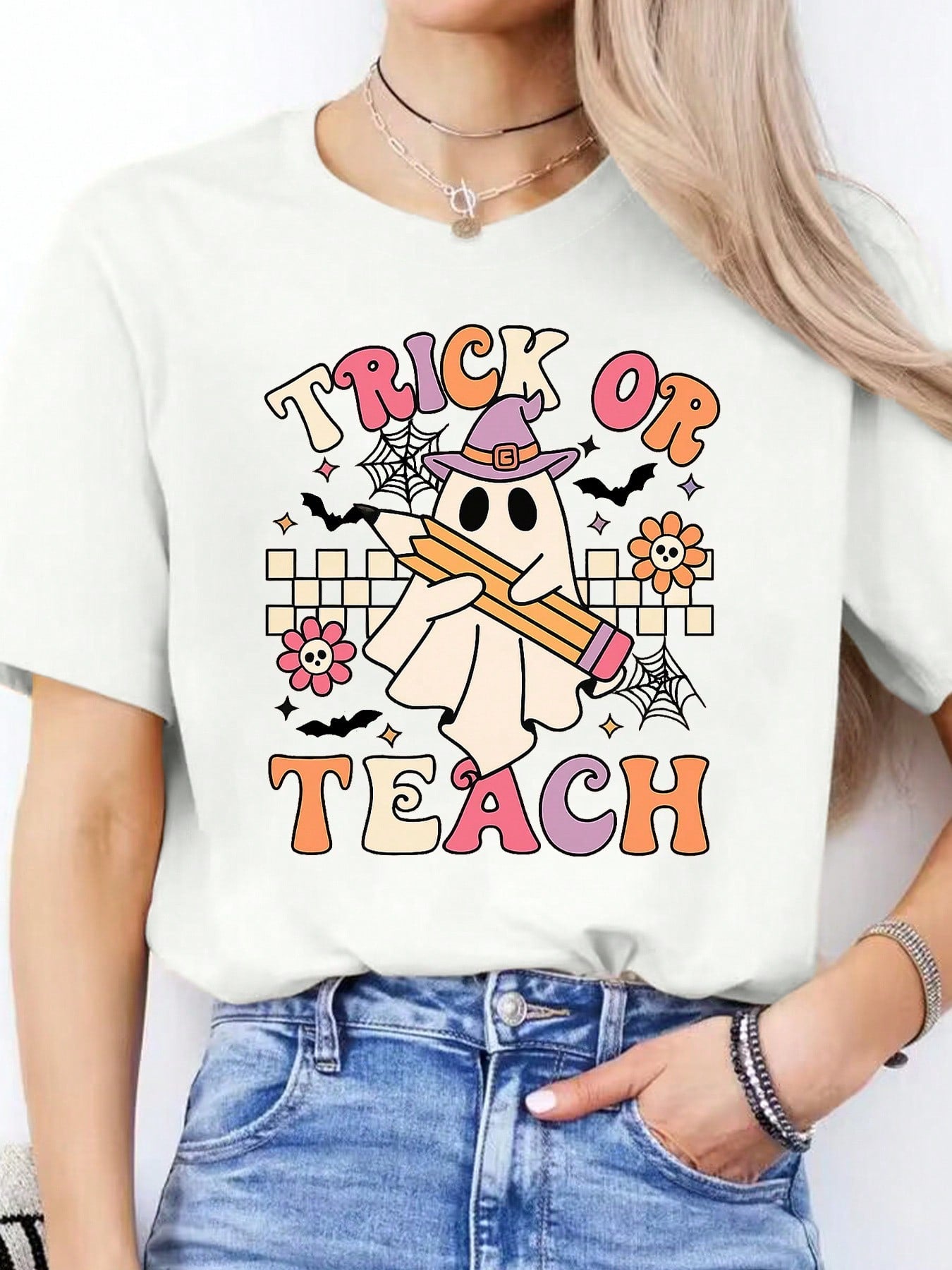 With TRICK OR TEACH Halloween & Spanish Phrase (Bruja/Calabaza), Teacher-Themed Casual Spring Summer Blouse Educators & Spanish Learners