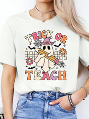 With TRICK OR TEACH Halloween & Spanish Phrase (Bruja/Calabaza), Teacher-Themed Casual Spring Summer Blouse Educators & Spanish Learners