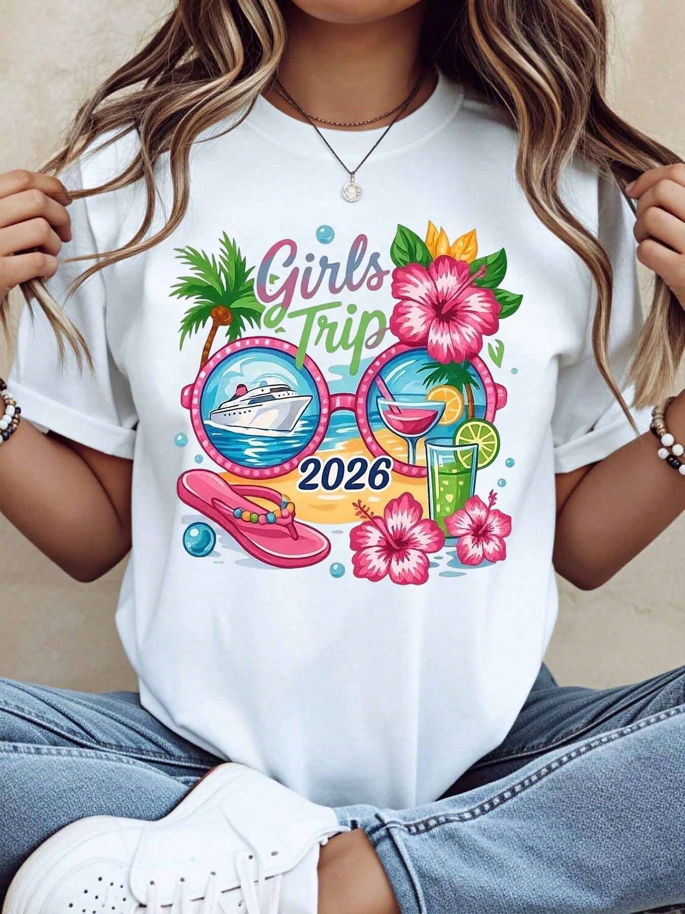 2026 Girls Trip Shirt Tropical Hibiscus Matching BFF Tee