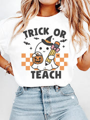 Women's Trick Or Teach Graphic T‑Shirt, Retro Cute Ghost Pencil Pumpkin Print, Spooky Teacher Halloween Short‑Sleeve Crew Neck Tee, Fall Holiday Teacher Gift Top