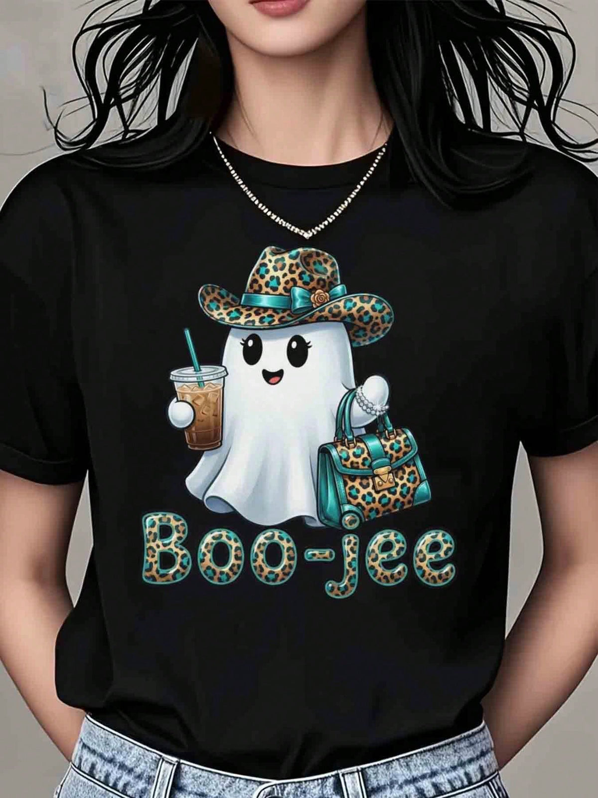 Women's Athletic Top, Cute Leopard Ghost Boo-Jee Graphic, Halloween Party Casual Wear, T-Shirt For Women, 220g