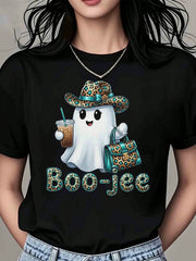 Women's Athletic Top, Cute Leopard Ghost Boo-Jee Graphic, Halloween Party Casual Wear, T-Shirt For Women, 220g
