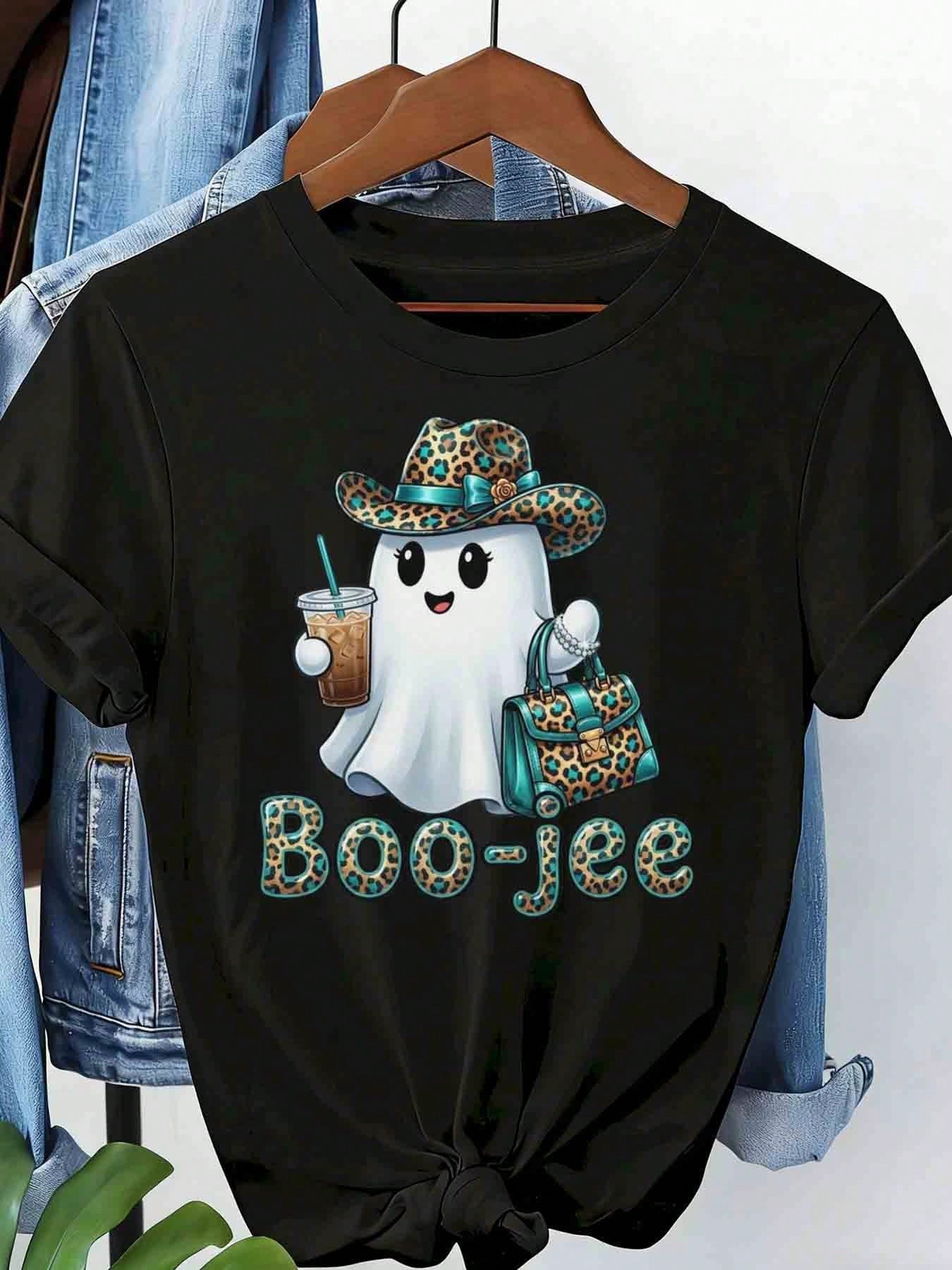 Women's Athletic Top, Cute Leopard Ghost Boo-Jee Graphic, Halloween Party Casual Wear, T-Shirt For Women, 220g