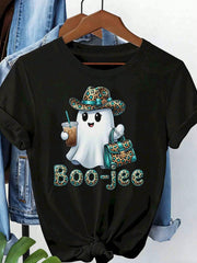 Women's Athletic Top, Cute Leopard Ghost Boo-Jee Graphic, Halloween Party Casual Wear, T-Shirt For Women, 220g
