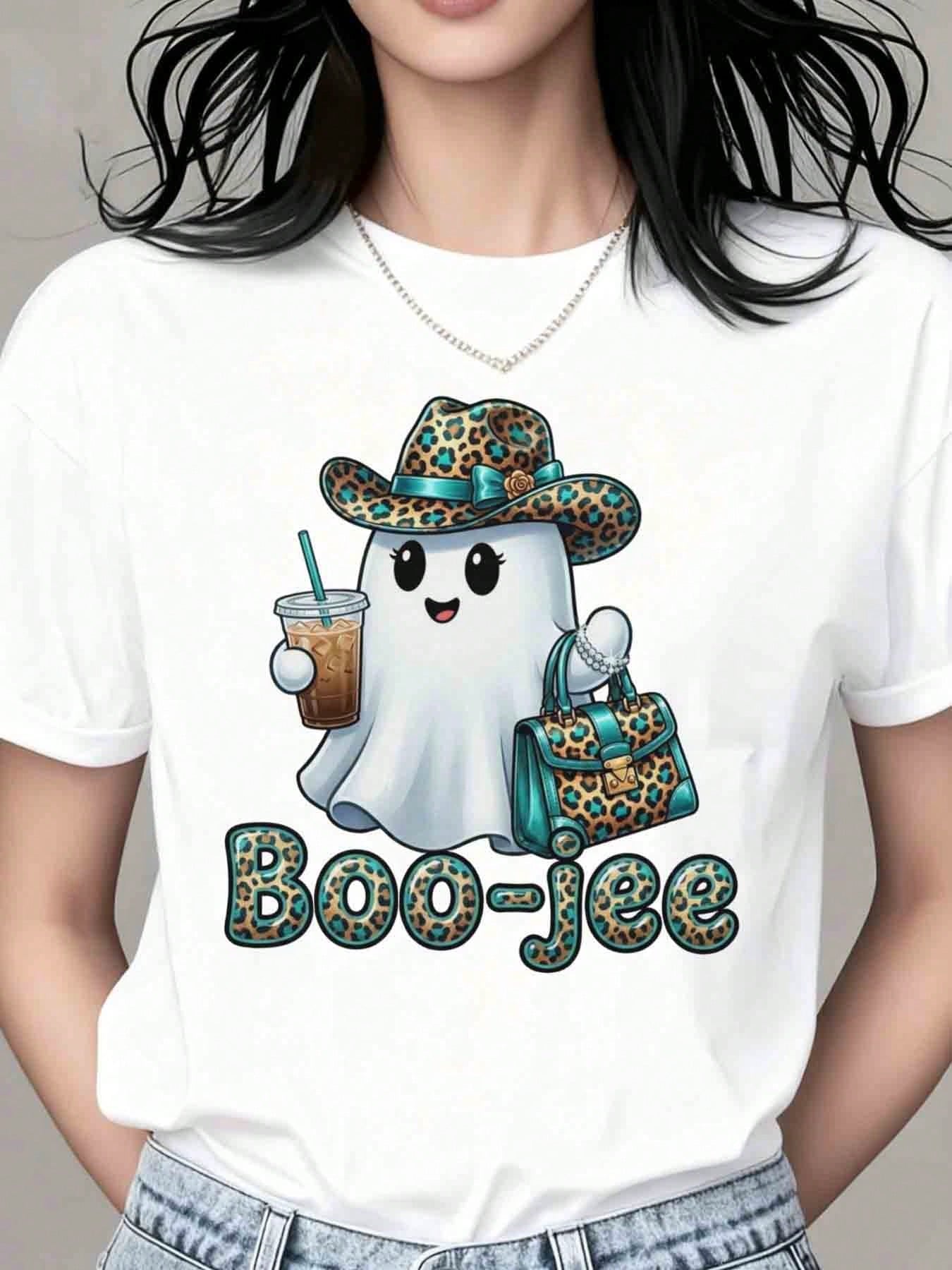 Women's Athletic Top, Cute Leopard Ghost Boo-Jee Graphic, Halloween Party Casual Wear, T-Shirt For Women, 220g