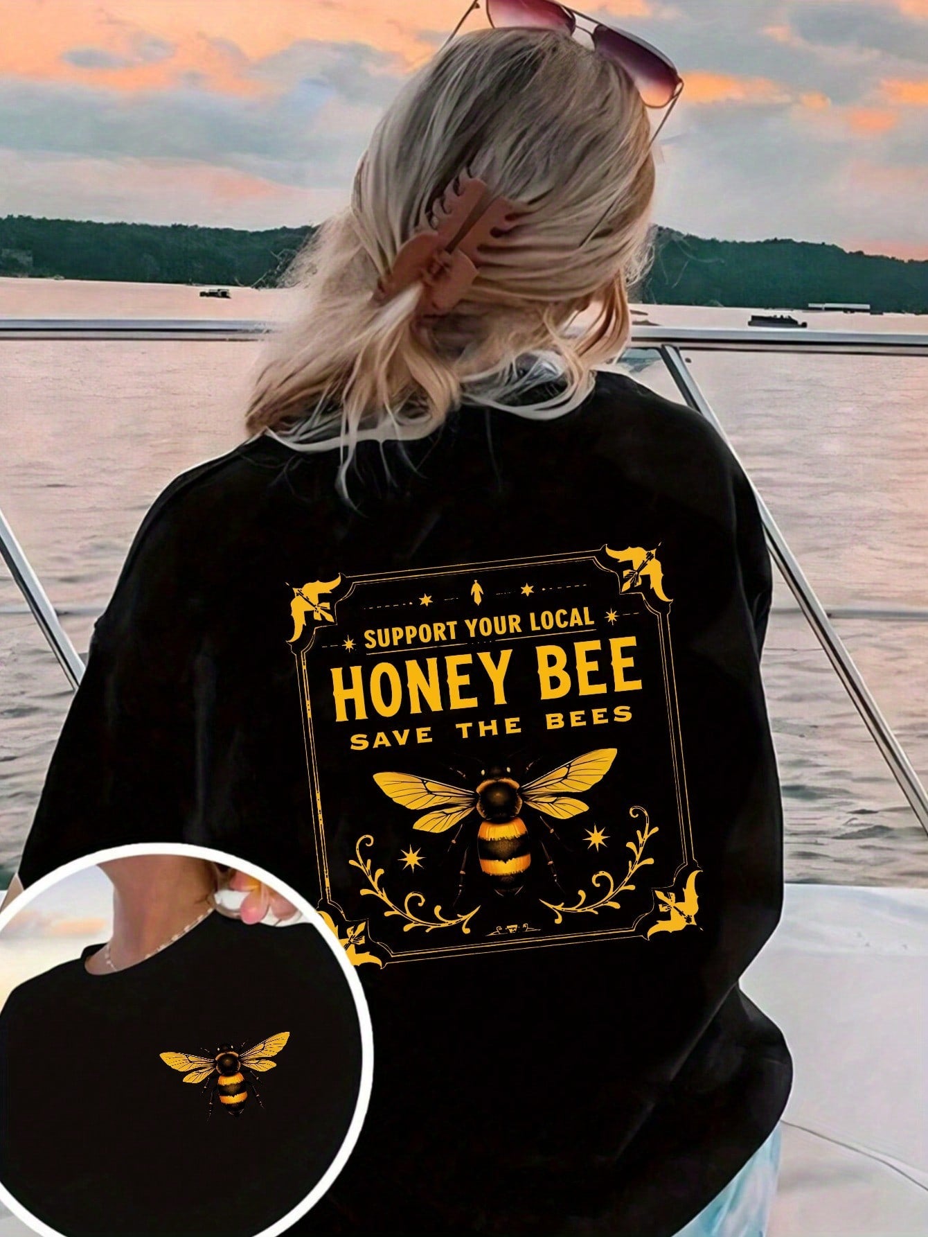 Support Local Bees Double Sided Print Short Sleeve Tee Bee Graphic Top