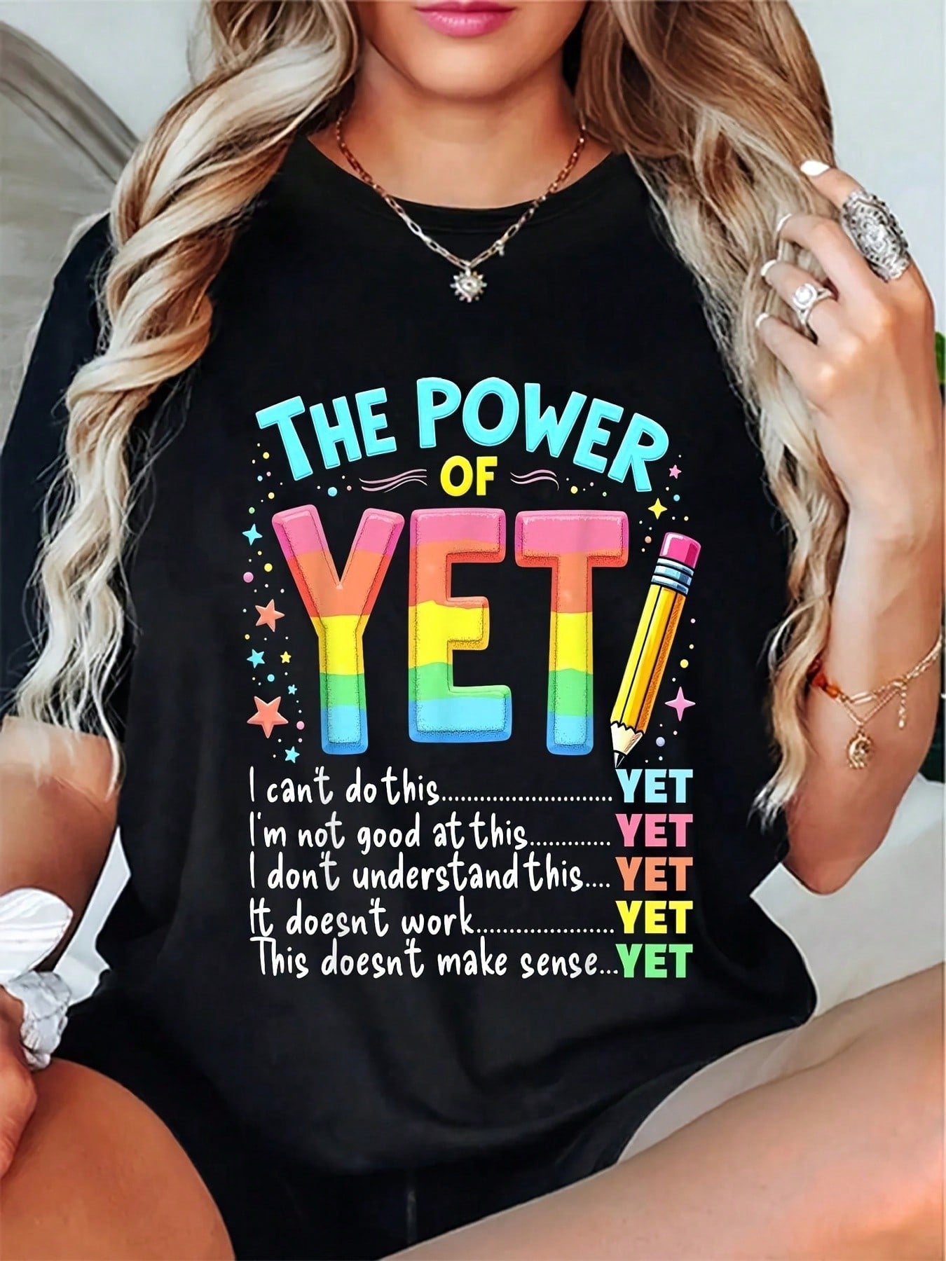 The Power Of Yet T‑Shirt, Growth Mindset Inspirational Teacher Short‑Sleeve Cotton Tee, Motivational Positive Quote Educator Gift for Back To School