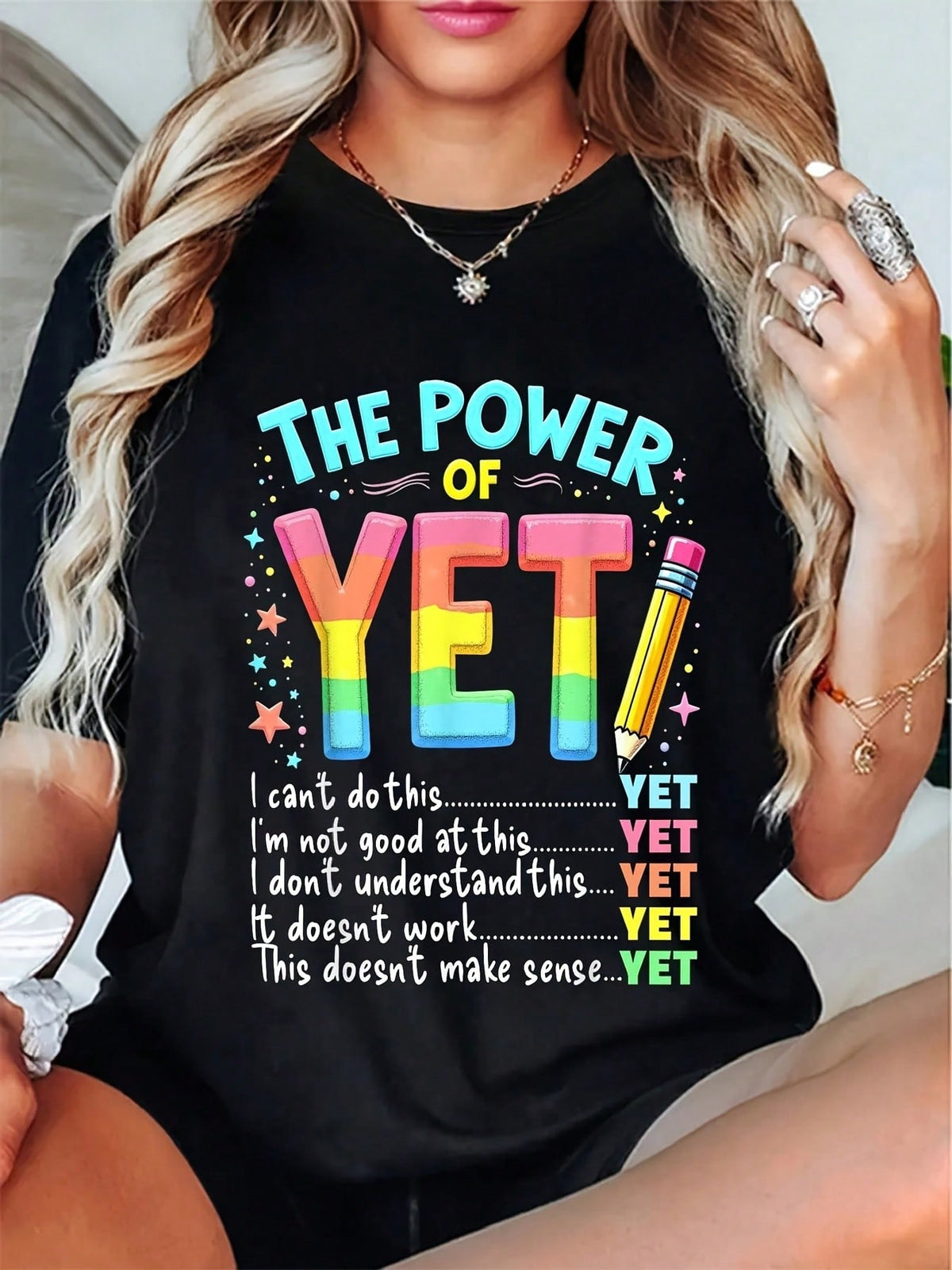 The Power Of Yet T‑Shirt, Growth Mindset Inspirational Teacher Short‑Sleeve Cotton Tee, Motivational Positive Quote Educator Gift for Back To School