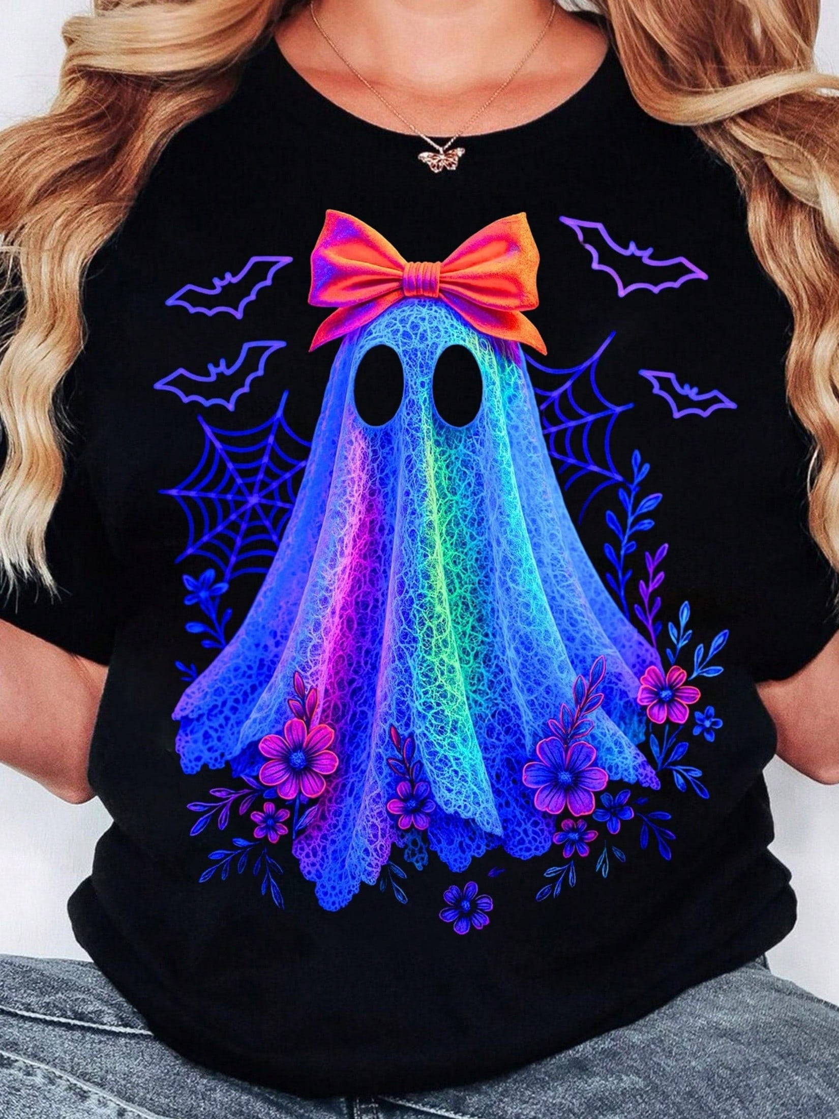 Plus Size Women Fall Y2k Halloween Lace Ghost Doll Bow Letter Graphic Tees Oversized Crew Neck Short Sleeve Tops