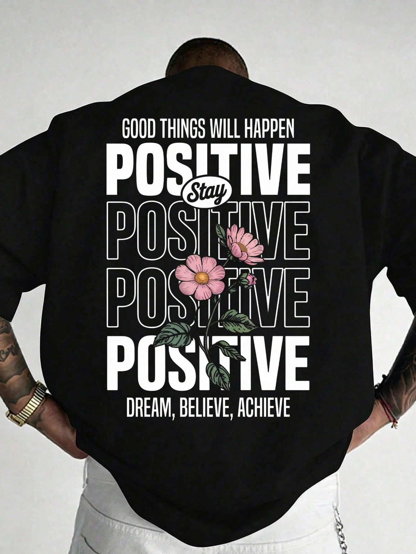 Stay Positive Typography Floral Men's Pure Cotton Black Back Print Mens Clothes Graphic Tees Shirts Men Vacation Outfits Summer