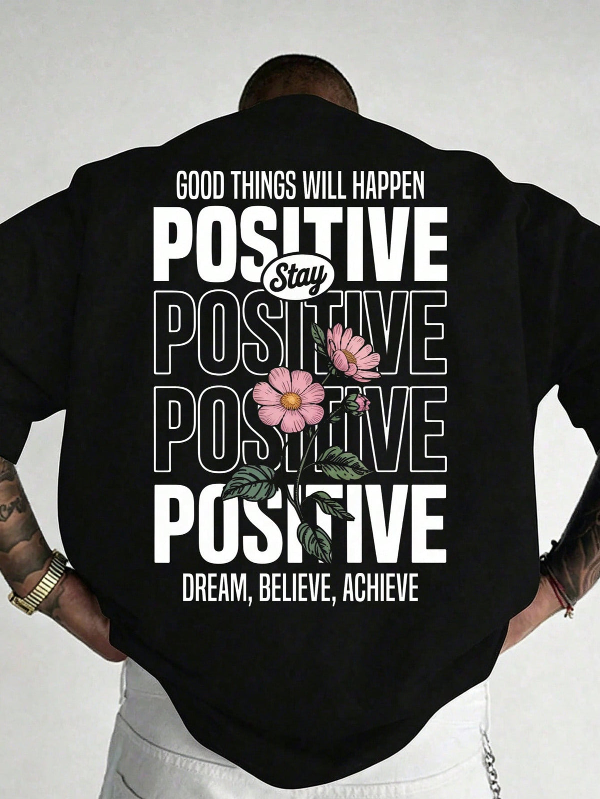 Stay Positive Typography Floral Men's Pure Cotton Black Back Print Mens Clothes Graphic Tees Shirts Men Vacation Outfits Summer