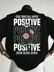 Stay Positive Typography Floral Men's Pure Cotton Black Back Print Mens Clothes Graphic Tees Shirts Men Vacation Outfits Summer
