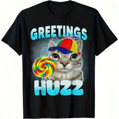 Greetings Huzz Funny Print Cotton Short Sleeve Tee Unisex Crew Neck Casual Top