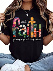 Faith Floral Print Inspirational Quote Short Sleeve Tee Crew Neck Summer Top