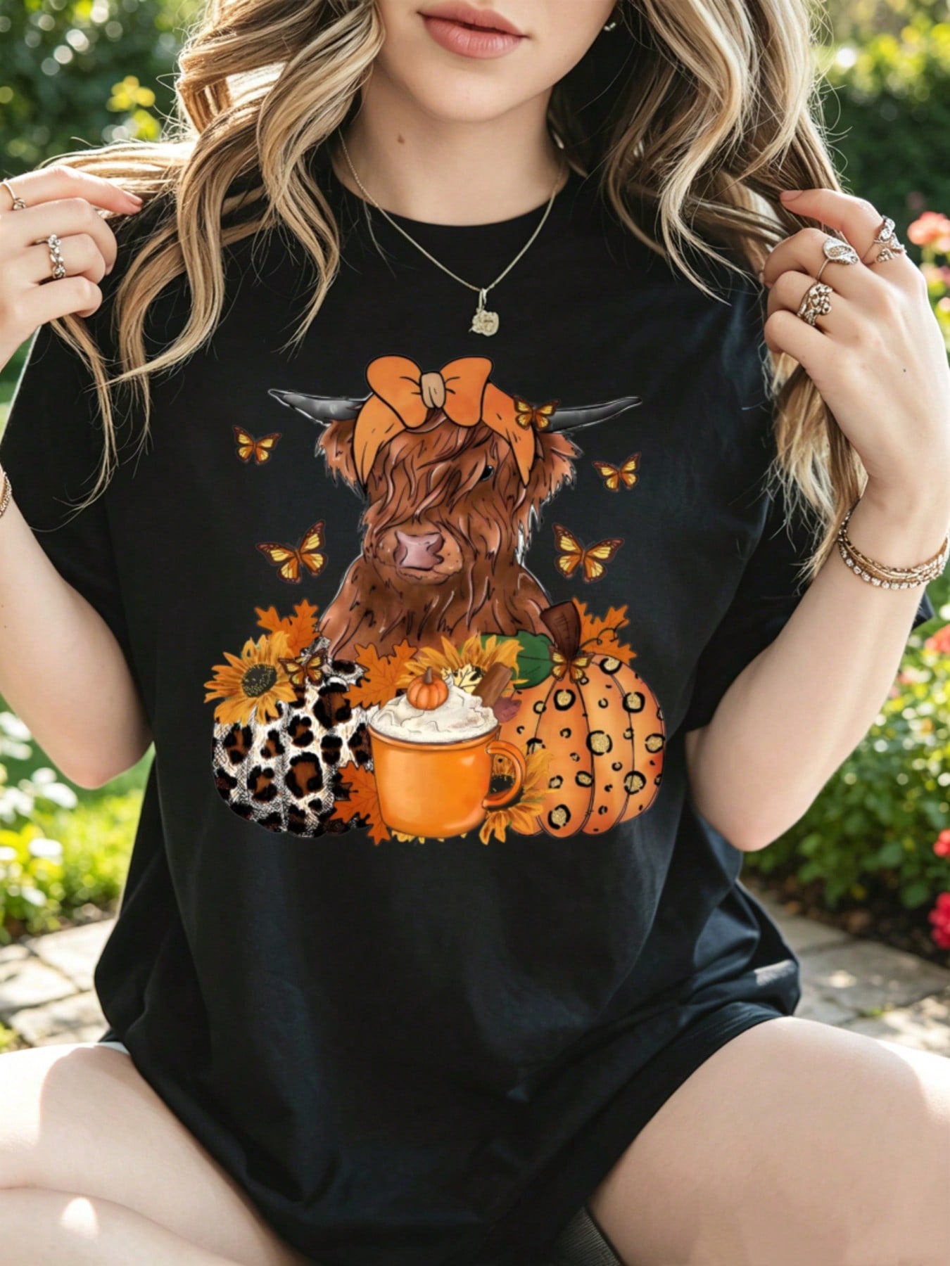 Women's Cute Highland Cow Fall Graphic T‑Shirt, Autumn Leopard Pumpkin Spice Coffee Sunflower Short‑Sleeve Cotton Casual Tee, Farm Cow Lover Gift For Thanksgiving