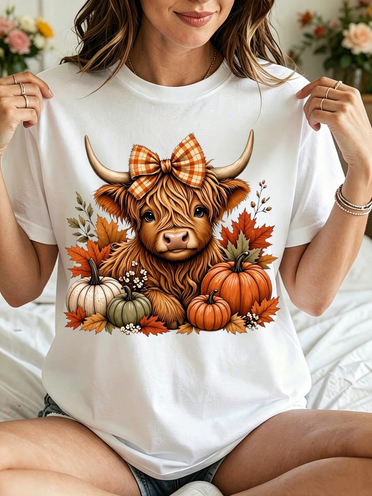 Cute Graphic, Women's T-Shirt, Highland Cow With Bow And Pumpkins, Autumn Season, Girlfriend, Thanksgiving, Farmhouse Decor