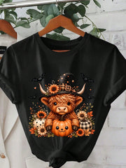 Women's Black-Shirt Cute Highland Cow Witch Hat Pumpkin Halloween Party Top
